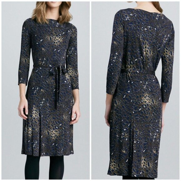 Tory Burch Sz XS Belted Shift Dress Pleated Drop Waist Slinky Brown Blue Stretch - Picture 12 of 12